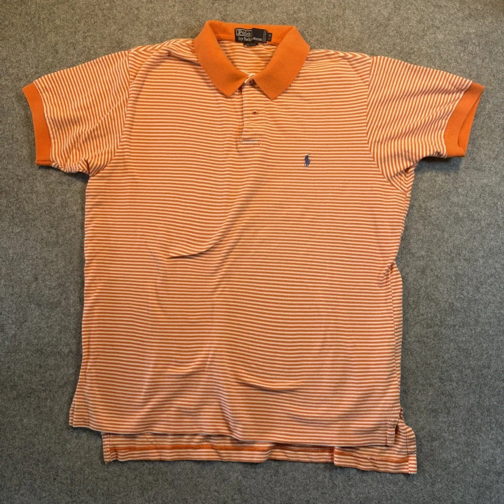 Polo Ralph Lauren Striped Polo Shirt Large Orange White 100% Cotton Short Sleeve